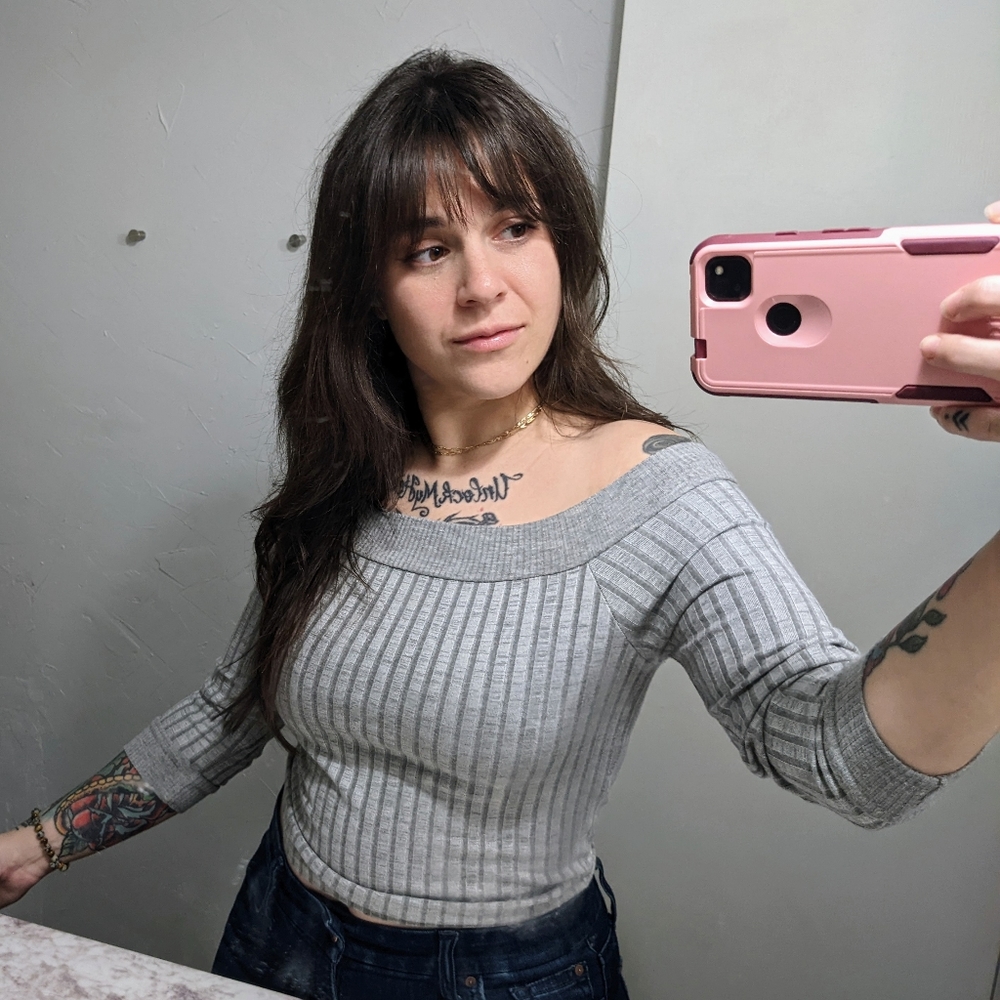 Top shop Grey Ribbed 3/4 Sleeve On/Off Shoulder Top Sz Small/4 Must Bundle